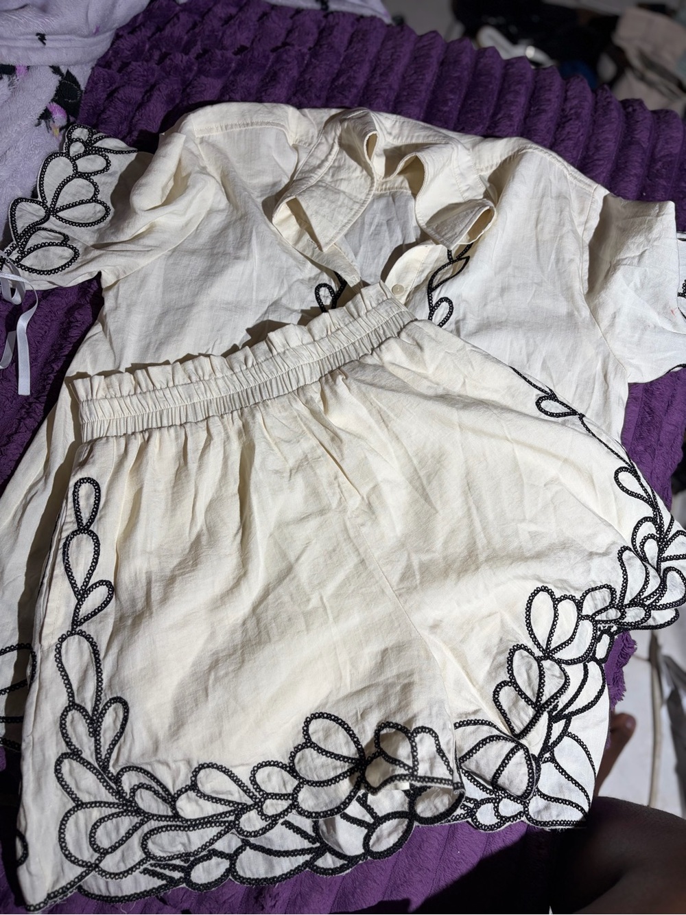 Cream Embroidered Cotton Shorts